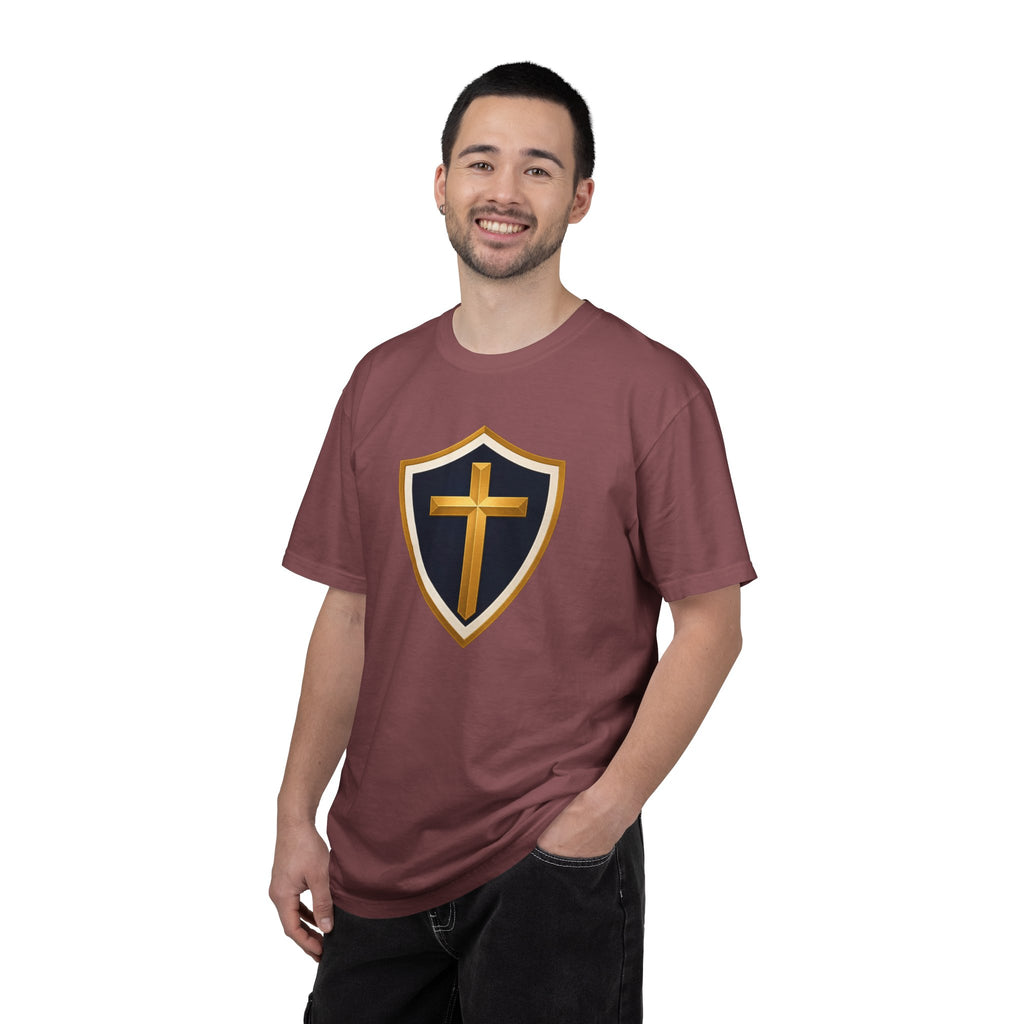 Cross and Shield Faith T‑Shirt – Gold Cross Emblem Tee