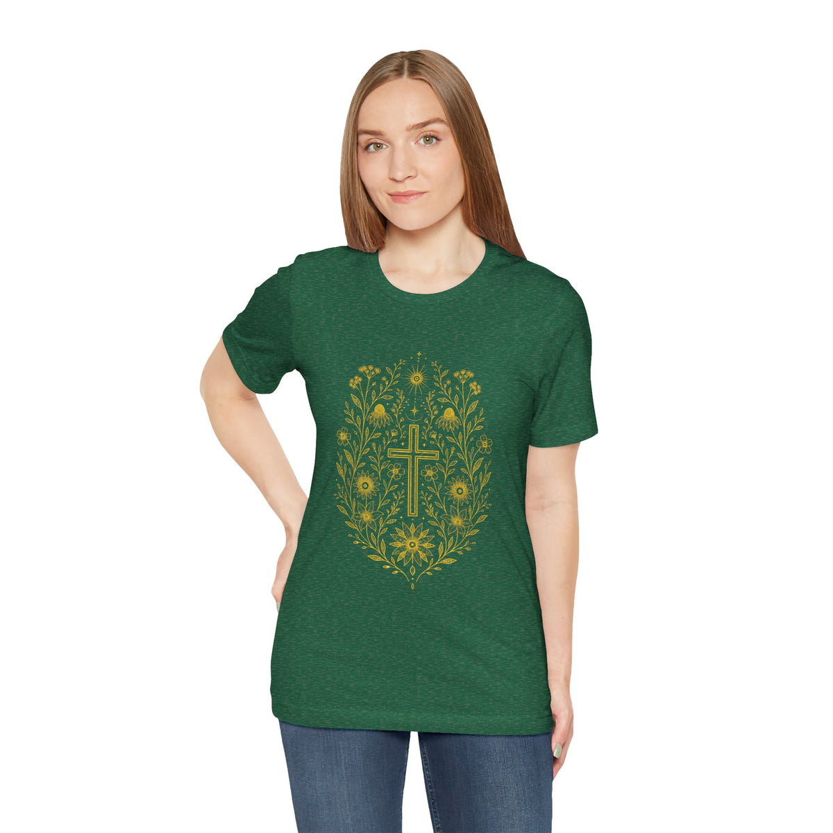 flowers and cross Unisex Jersey Short Sleeve Tee
