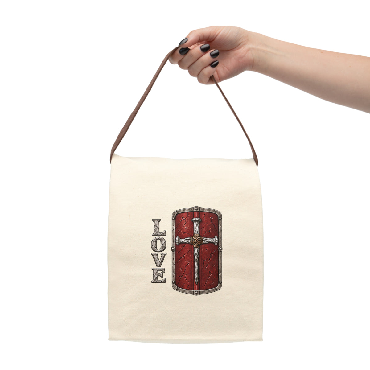 Shield & Cross "LOVE" Canvas Lunch Bag — Tote with Strap