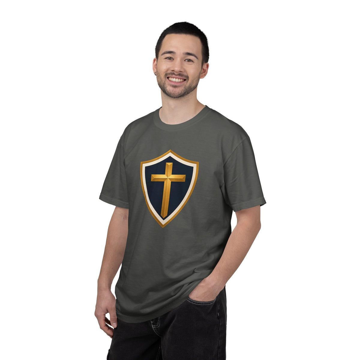 Cross and Shield Faith T‑Shirt – Gold Cross Emblem Tee