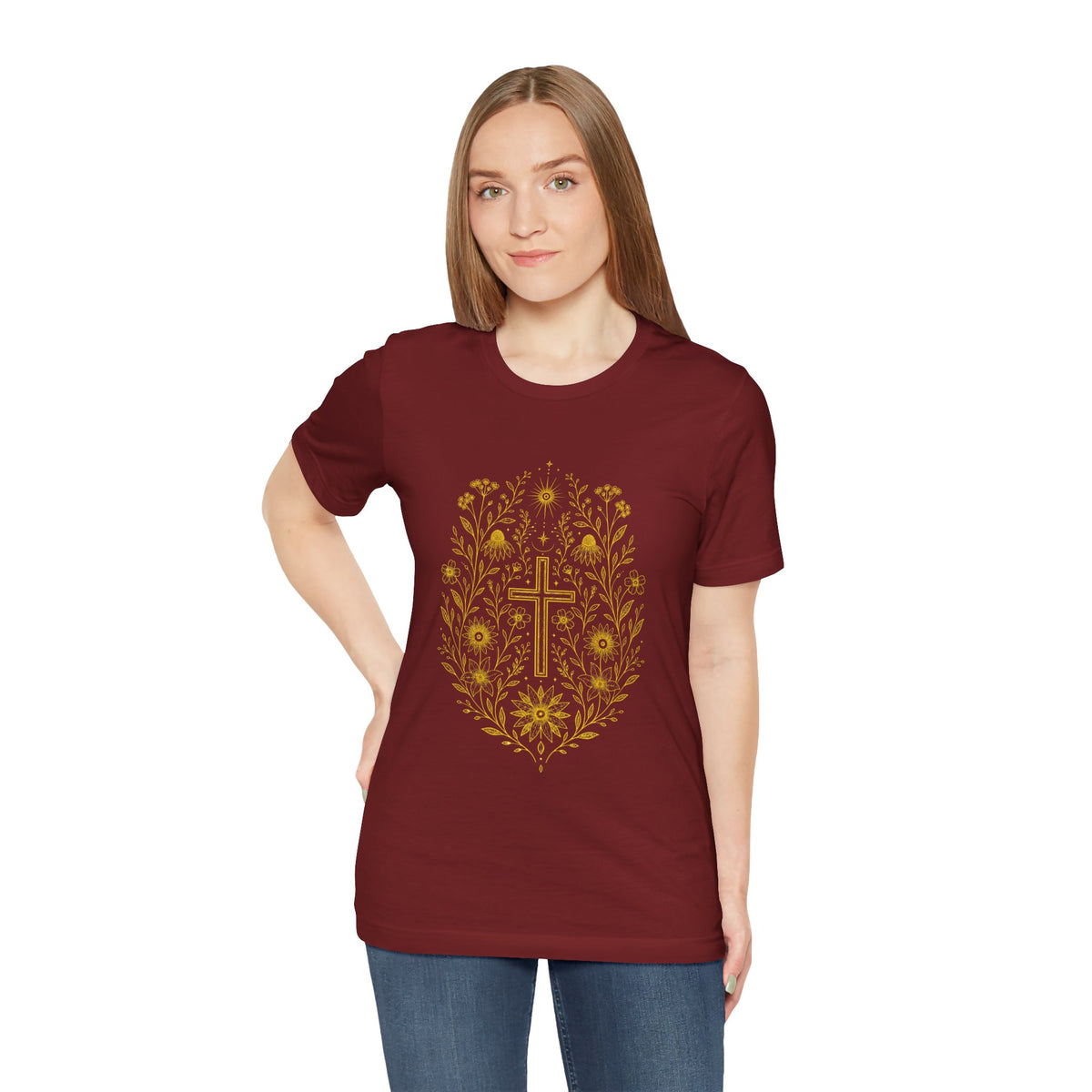 flowers and cross Unisex Jersey Short Sleeve Tee
