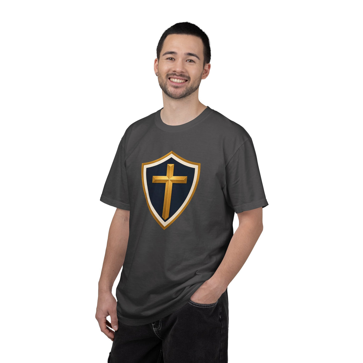 Cross and Shield Faith T‑Shirt – Gold Cross Emblem Tee