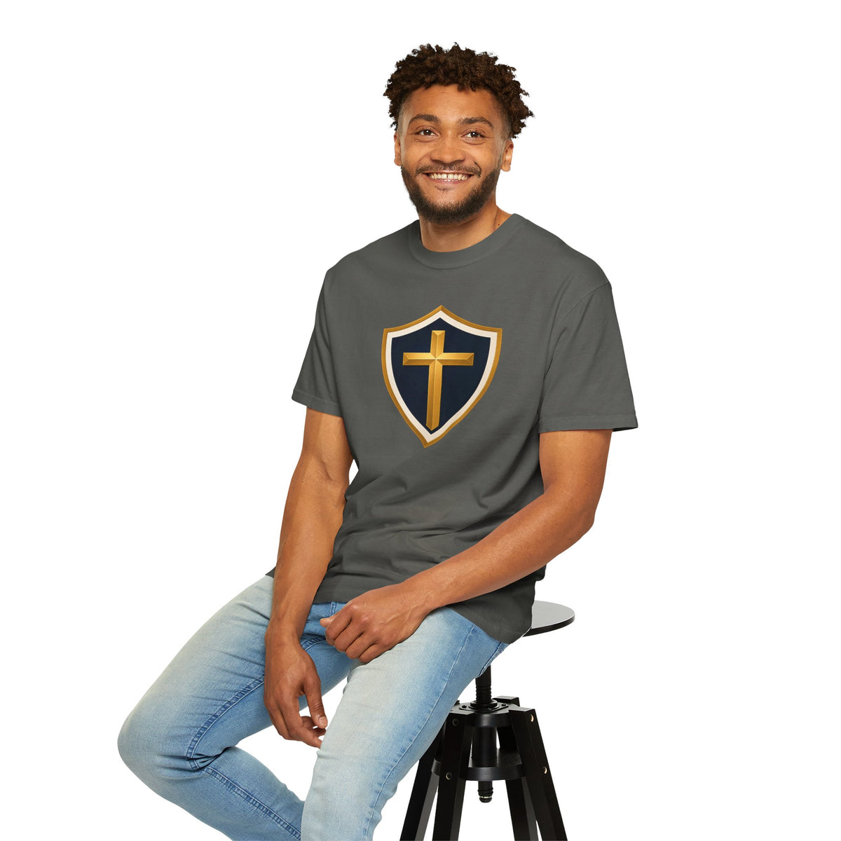 Cross and Shield Faith T‑Shirt – Gold Cross Emblem Tee