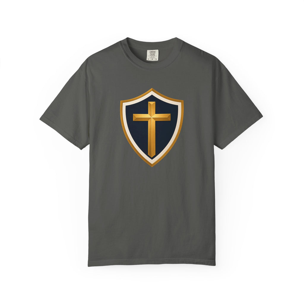 Cross and Shield Faith T‑Shirt – Gold Cross Emblem Tee