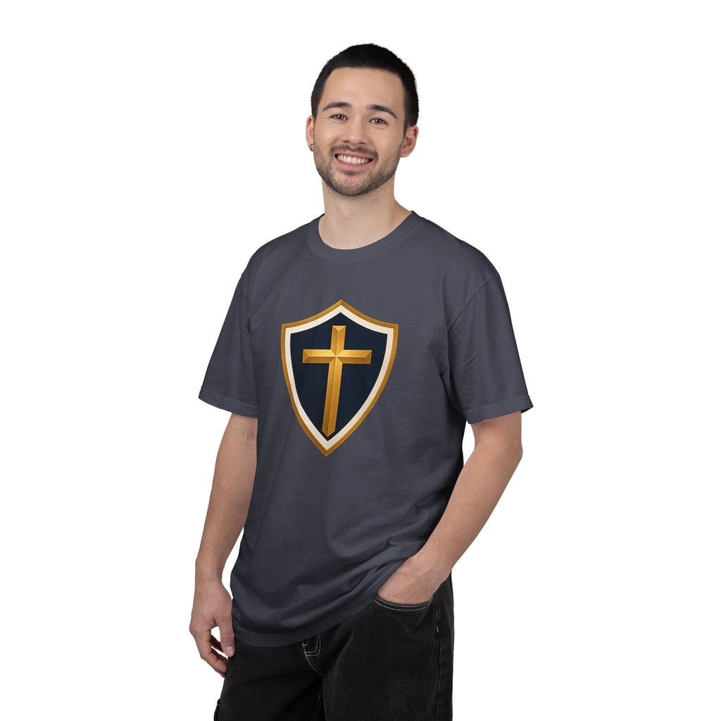 Cross and Shield Faith T‑Shirt – Gold Cross Emblem Tee