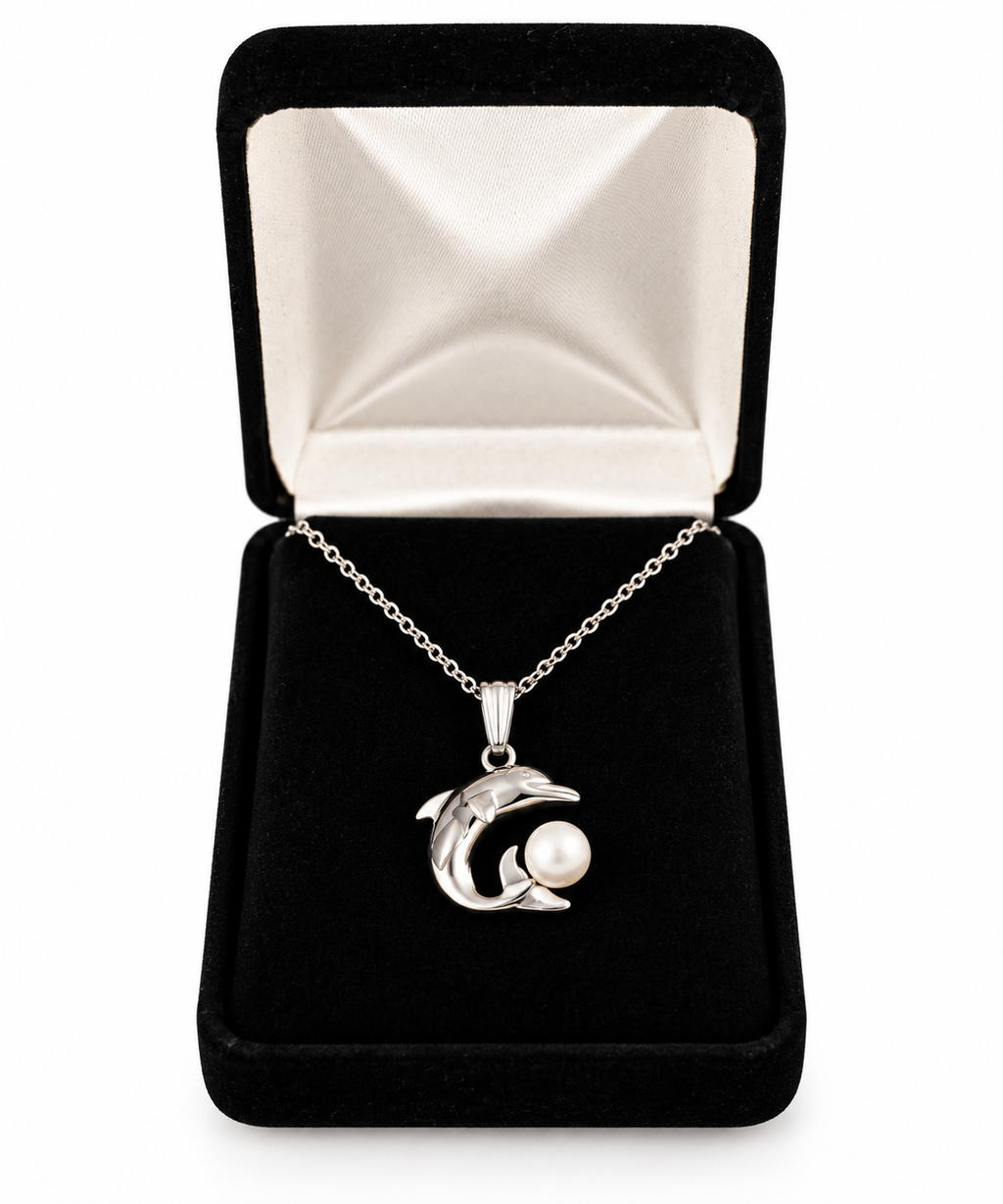 Sterling Silver Dolphin & White Pearl Pendant Necklace | 18" Chain