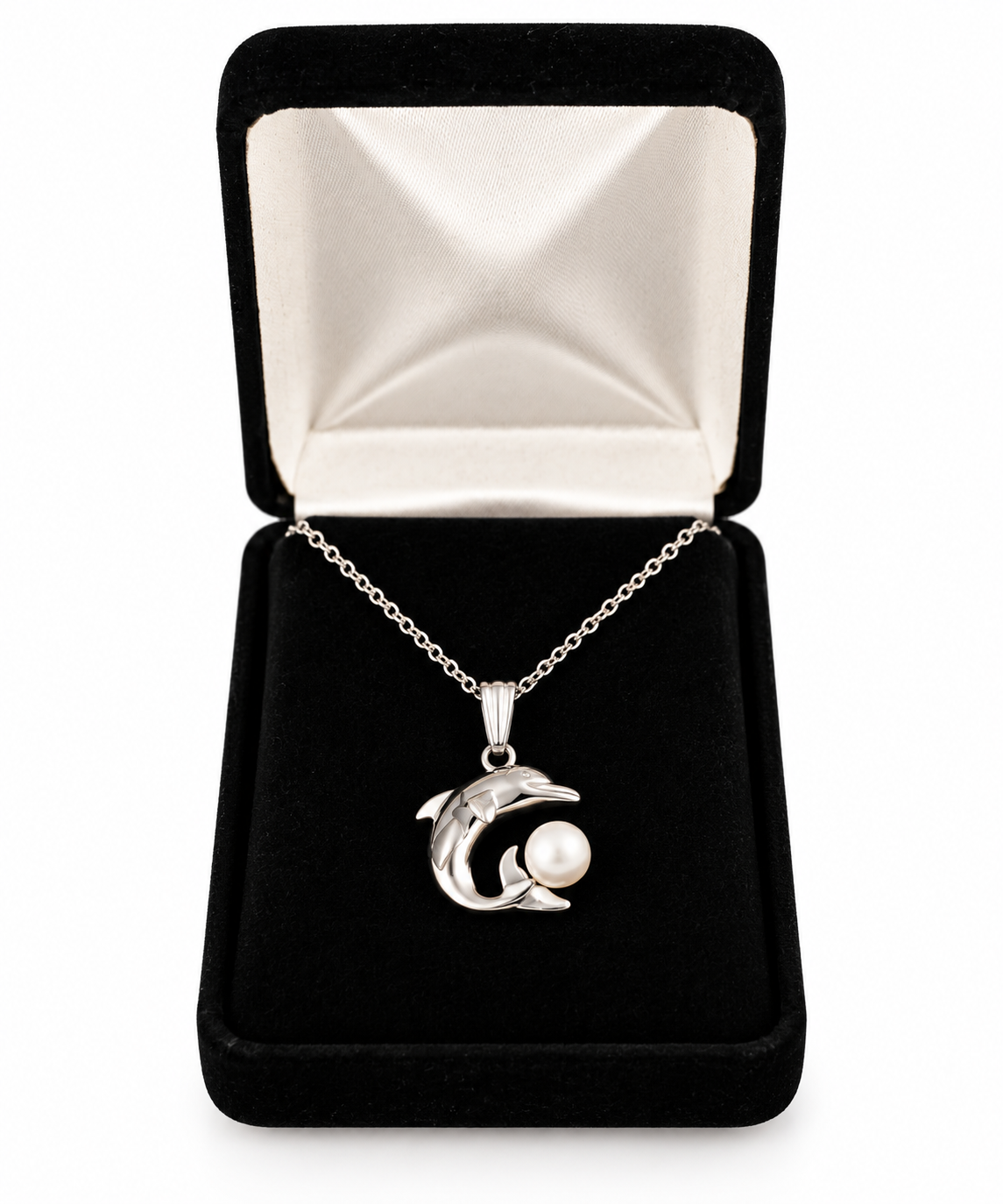 Sterling Silver Dolphin & White Pearl Pendant Necklace | 18" Chain