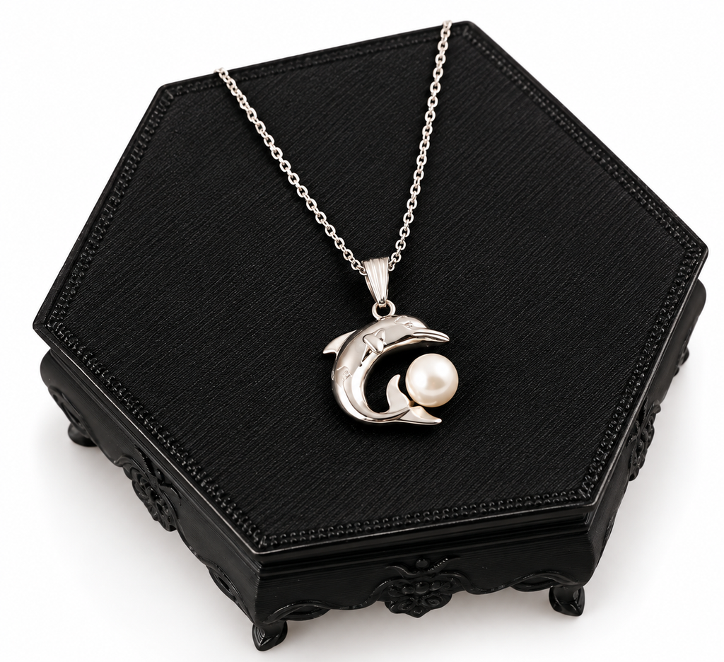 Sterling Silver Dolphin & White Pearl Pendant Necklace | 18" Chain