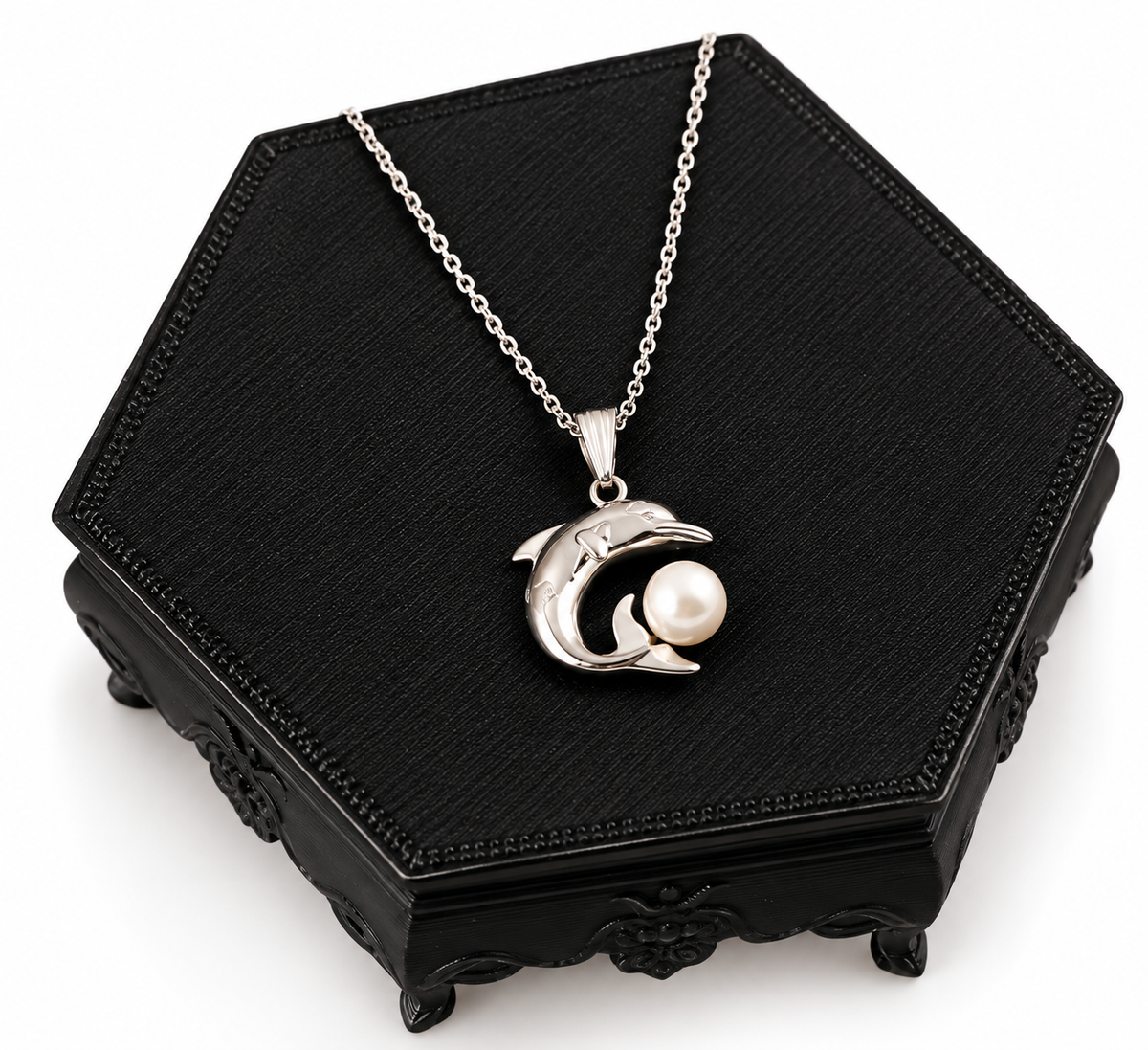 Sterling Silver Dolphin & White Pearl Pendant Necklace | 18" Chain