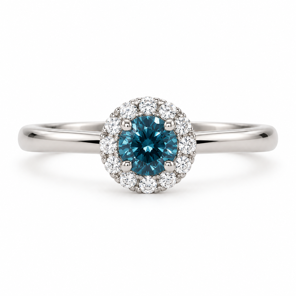 Estate 14K White Gold Blue Diamond Halo Ring, 0.60 CTW, Size 7