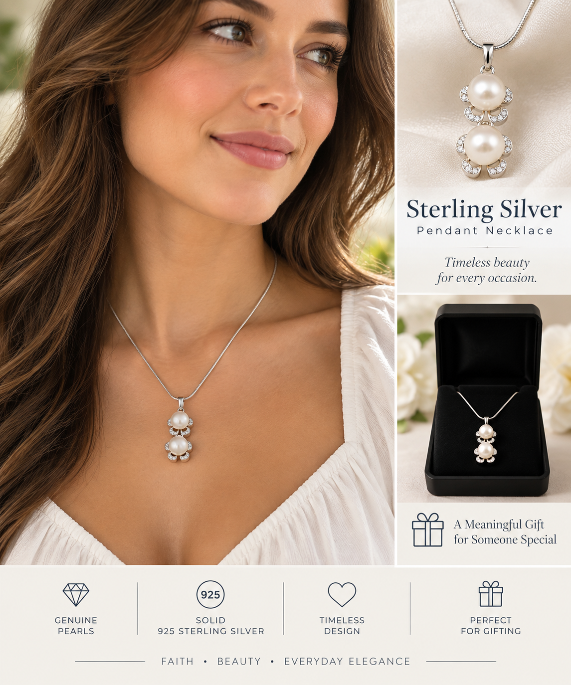 Two White Pearl Sterling Silver Pendant Necklace – 925 Silver, 16" Chain