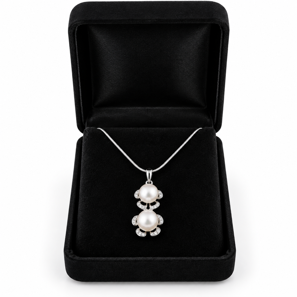 Two White Pearl Sterling Silver Pendant Necklace – 925 Silver, 16" Chain