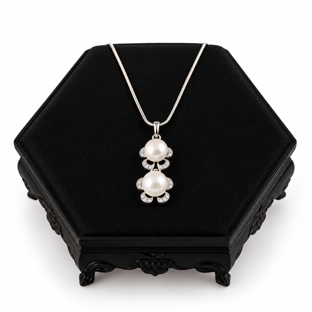Two White Pearl Sterling Silver Pendant Necklace – 925 Silver, 16" Chain