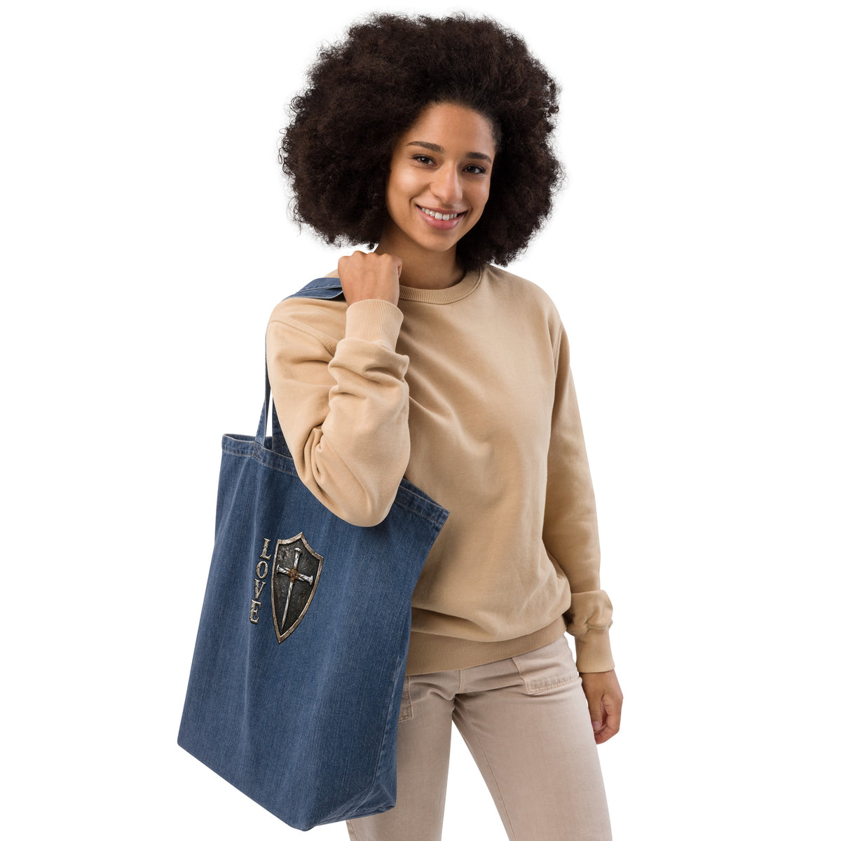 LOVE Armor of Faith Cross & Shield Organic denim tote bag