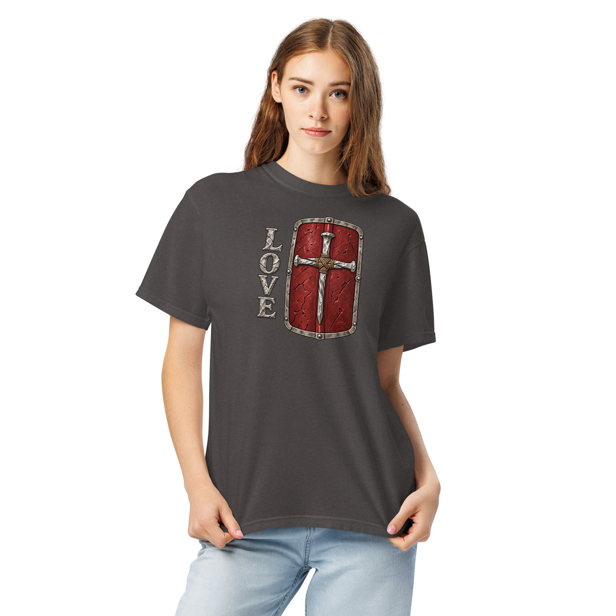 LOVE Wear Your Faith. Stand Your Ground. Roman Red shield