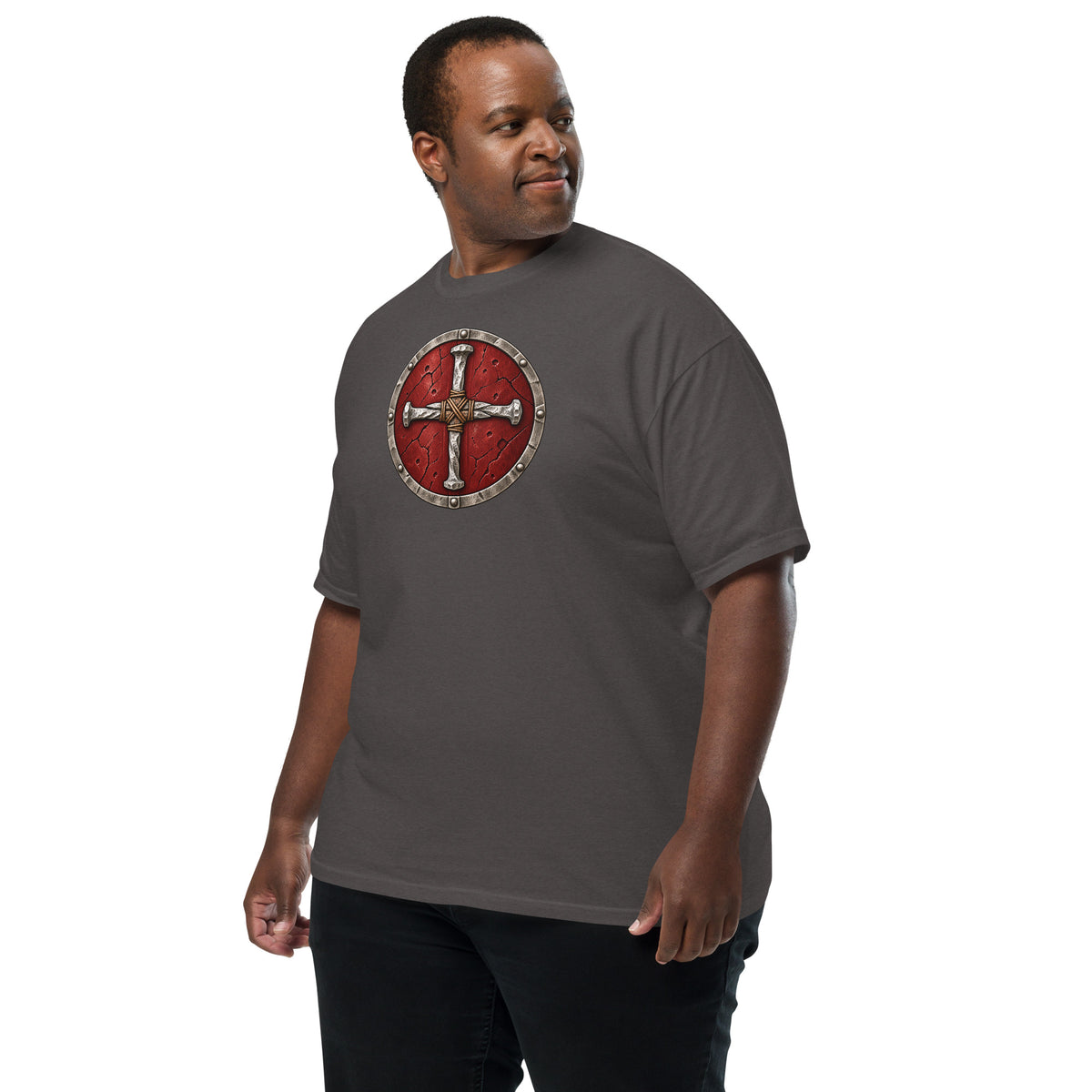 Stand Your Ground. Round Greek Cross Red shield heavyweight t-shirt