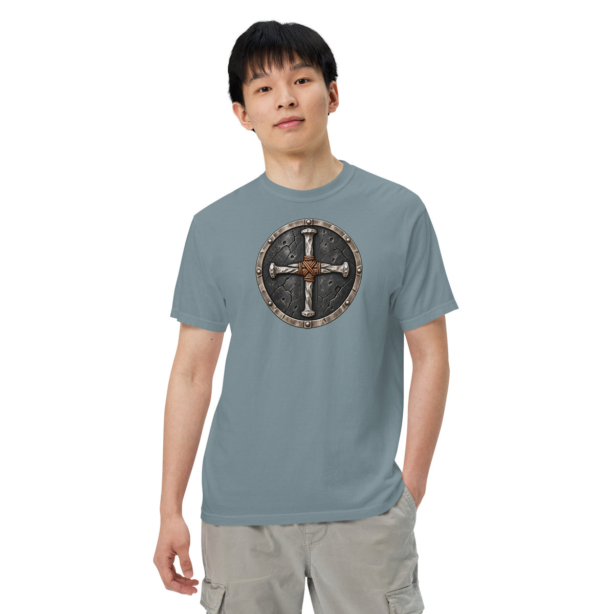 Stand Your Ground. Round Greek Cross Black shield heavyweight t-shirt