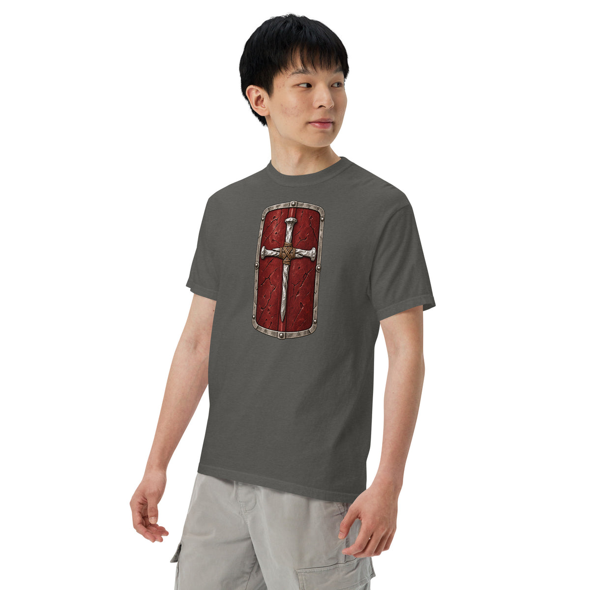 Wear Your Faith. Stand Your Ground. Roman Red shield Heavyweight T-Shirt